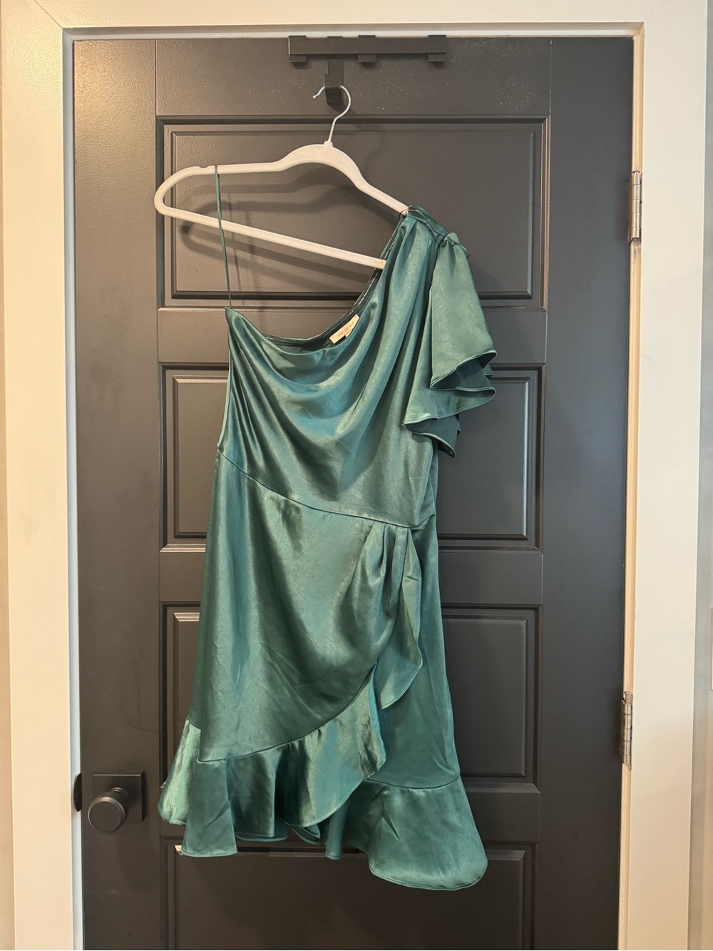 Skies Are Blue One-Shoulder Teal Green Satin Dress